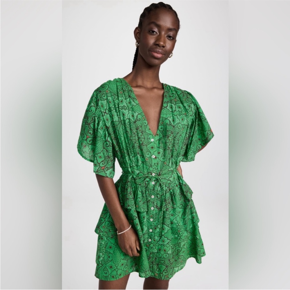 Ro’s Garden Green Dulce Dress Cotton Floral Geometric Tie Waist